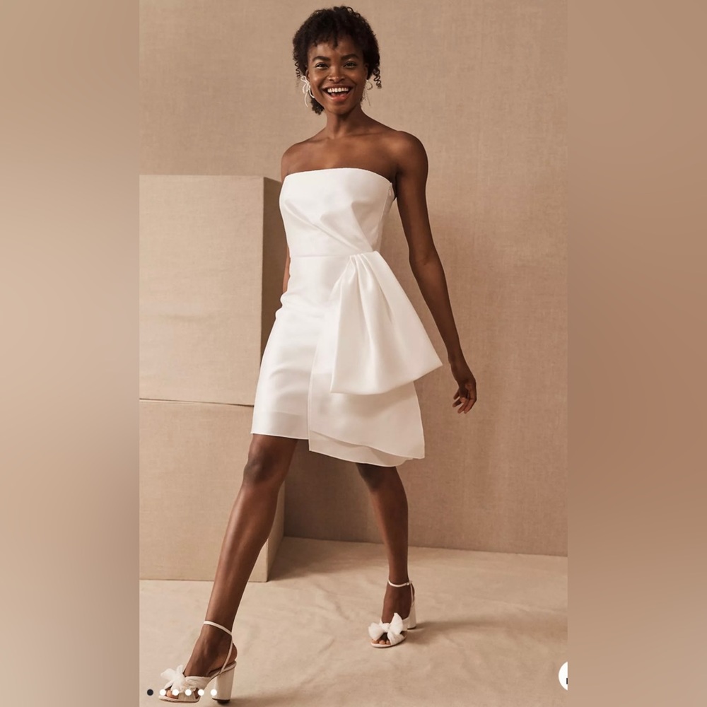 BHLDN Wedding bridal shower look! White short satin dress with side bow!